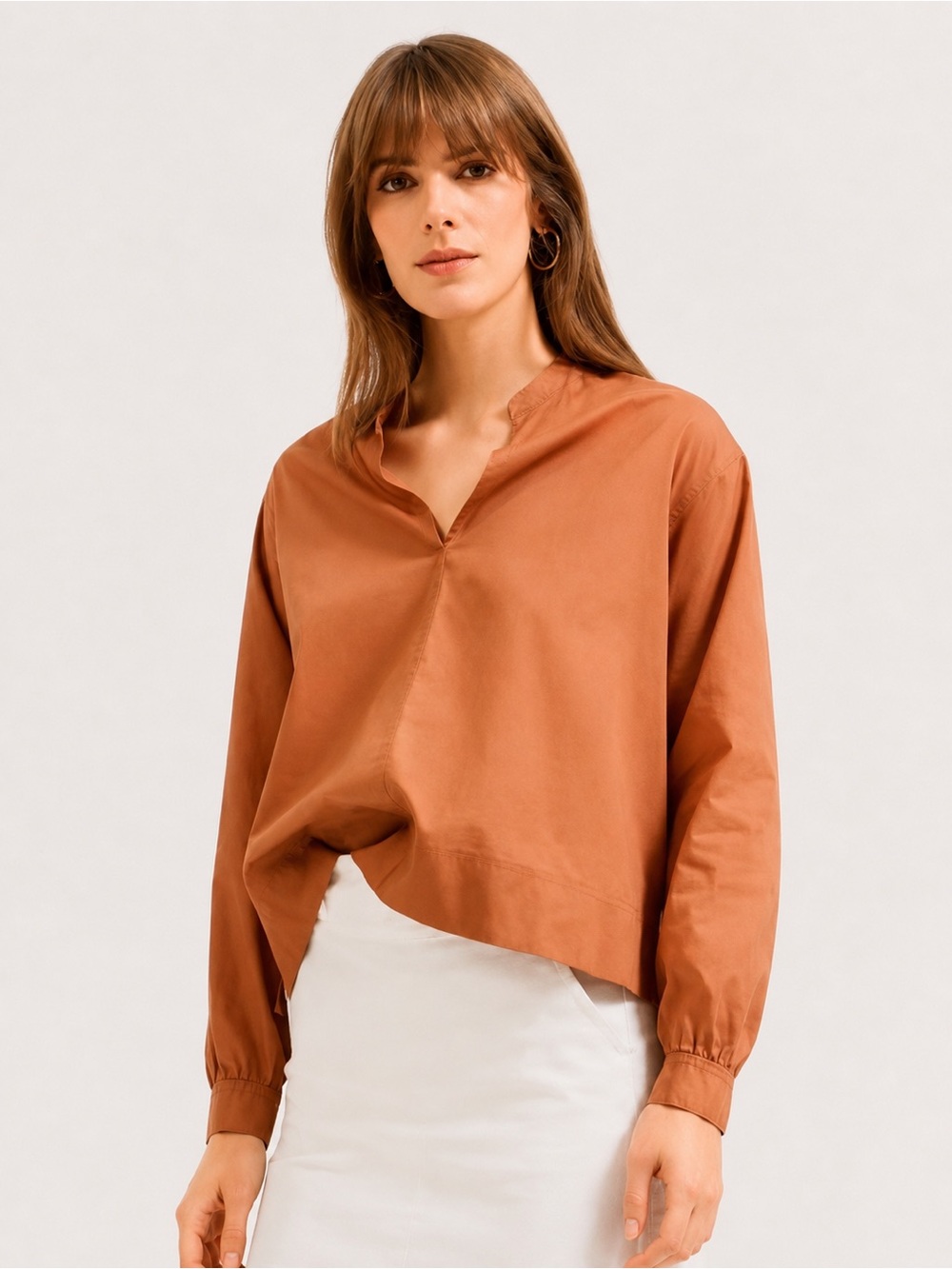 Everlane The Silky Cotton Split Neck Blouse Tawny Brown Size 4 100% Cotton